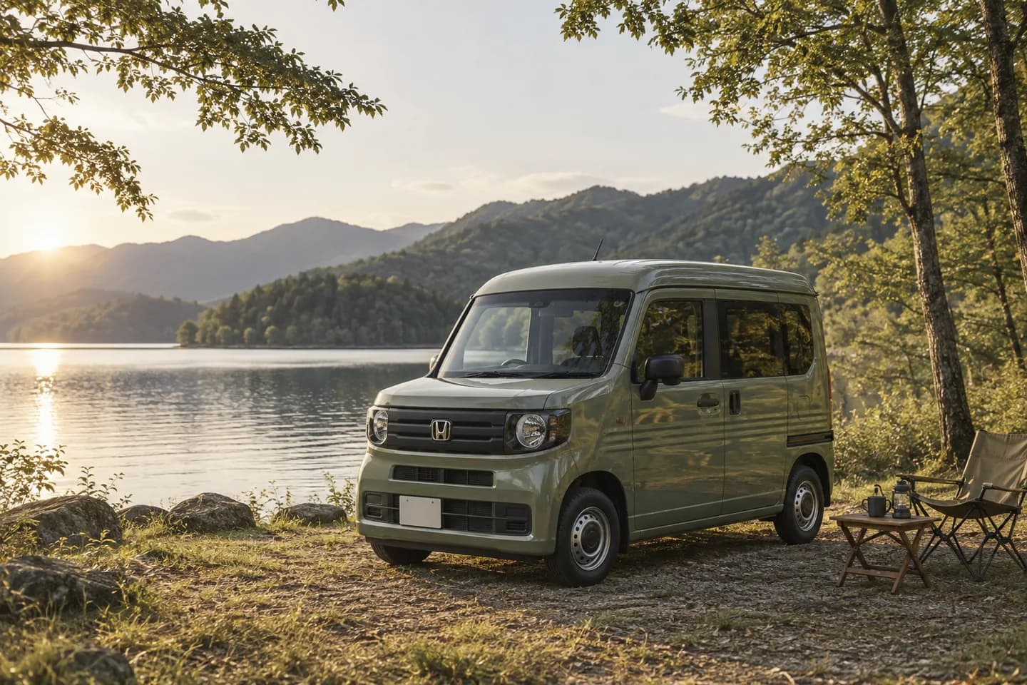 湖畔の木陰に停めたグリーンのN-VANのイメージ